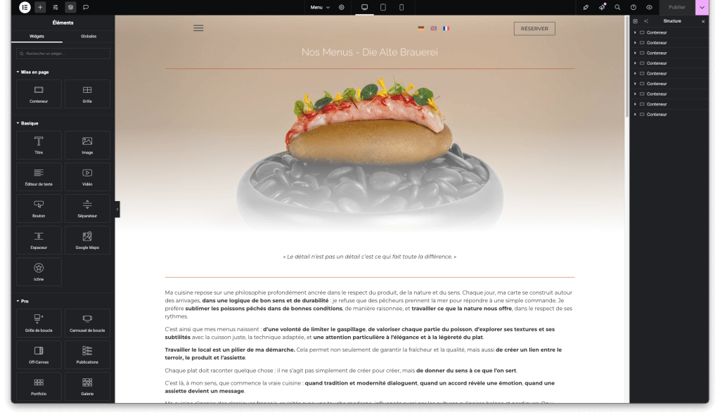 Mise en page du site du restaurant Die Alte Brauerei, conçue à partir des photos prises sur place